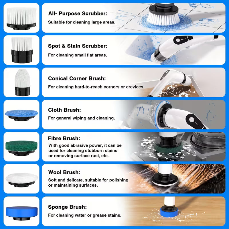 7-in-1 Cordless Electric Spin Scrubber with 7 Brush Heads, 2-Speed Power Cleaning Brush & Adjustable Extension Handle for Bathroom, Tub, Tile, Kitchen, Car & Home